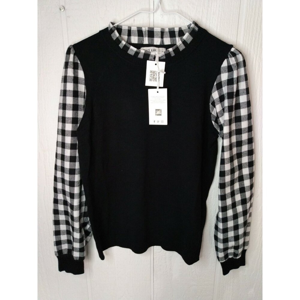 GRACE KARIN Womens S Stretchy Black & White Long Sleeve Pullover Sweater Blouse - Picture 1 of 5